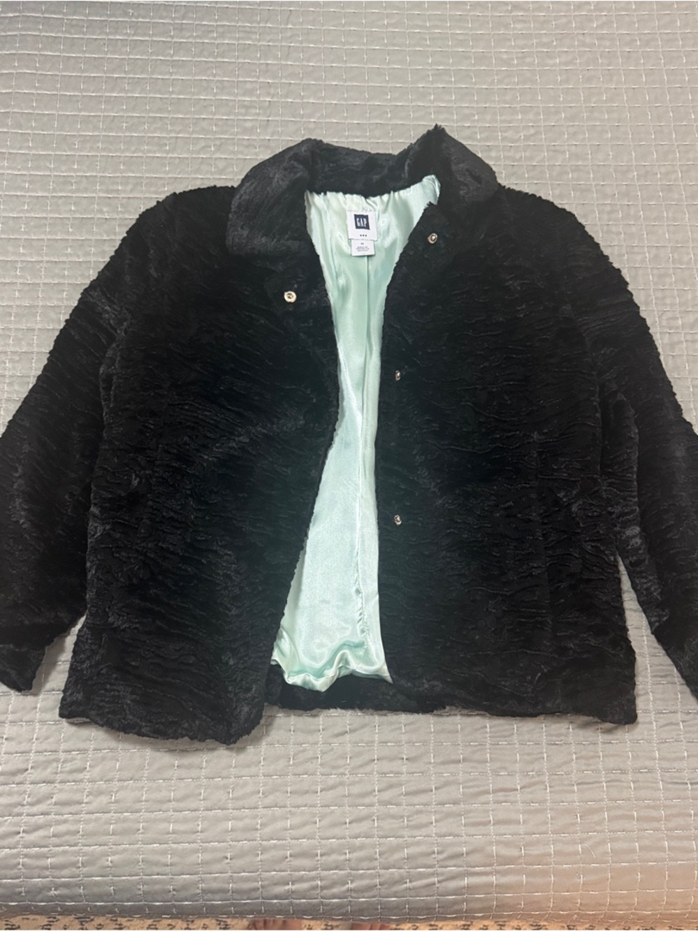 GAP Black Faux Fur Coat with Mint Green Lining
